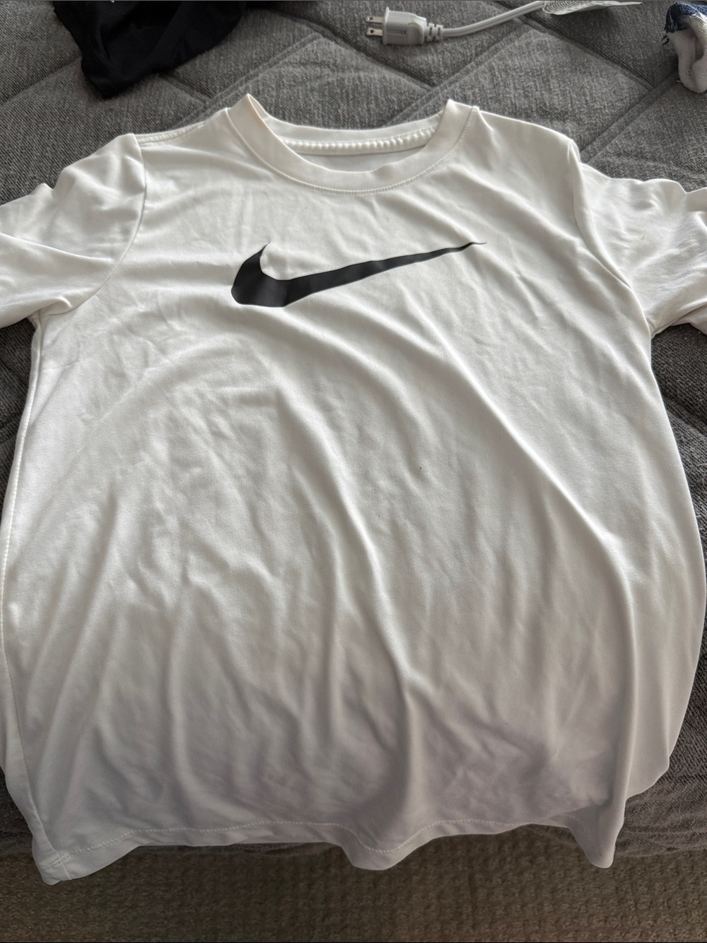 Nike White Short-Sleeve Dri-Fit Tee with Black Swoosh